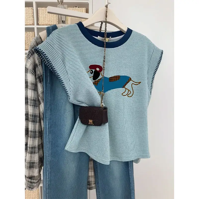 

Oversized Striped Sleeveless T-Shirts Femme Summer Fashion Loose All-match Cartoon O-neck Top Tee Women Clothing Sweet Tshirt