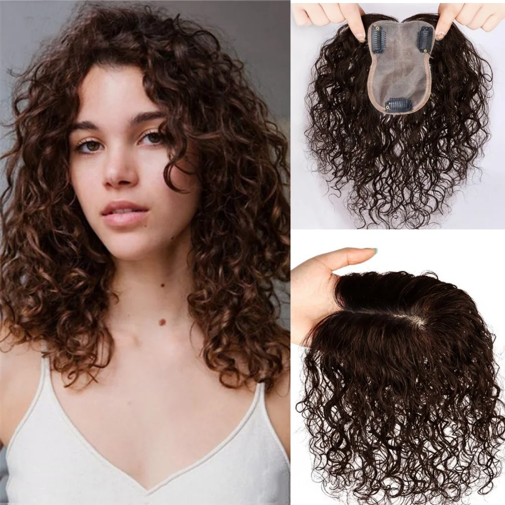 Middle Part Curly Human Hair Topper Clip in Silk Base Wiglet Hairpiece Forehead Hairline Replacement 8x10cm