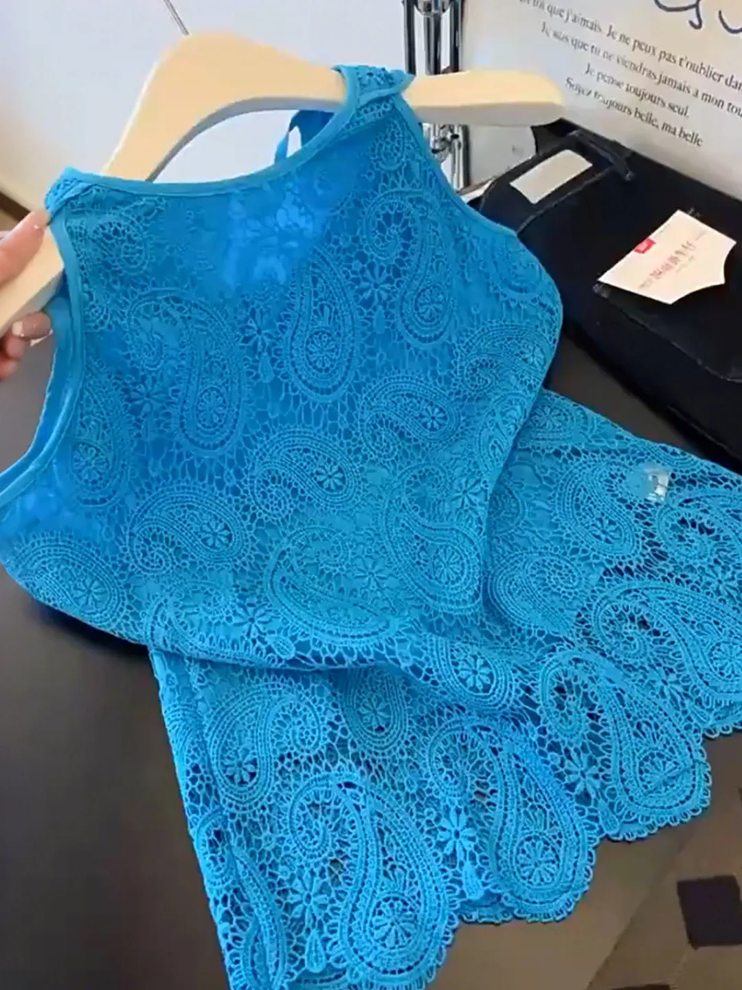 Klein Blue Lace Woven Strap Vest Women Summer Outerwear Design Back  Knot Tie Hollow Top Commute Style Loose Fit