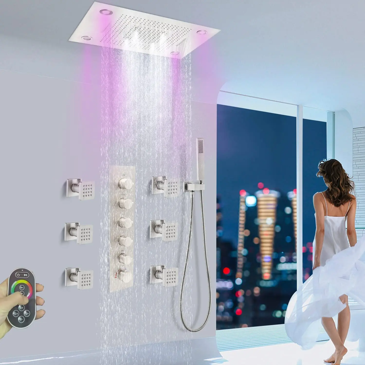 Multi Function Thermostatic Shower System 23x31inch Large Rain Shower Head System Set With LED Mist Shower