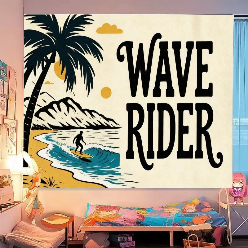 VIKAMA Wave Rider Surfing Tapestry Vintage Beach Palm Tree Graphic Wall Hanging Aesthetic Decor Bedroom Dorm Room