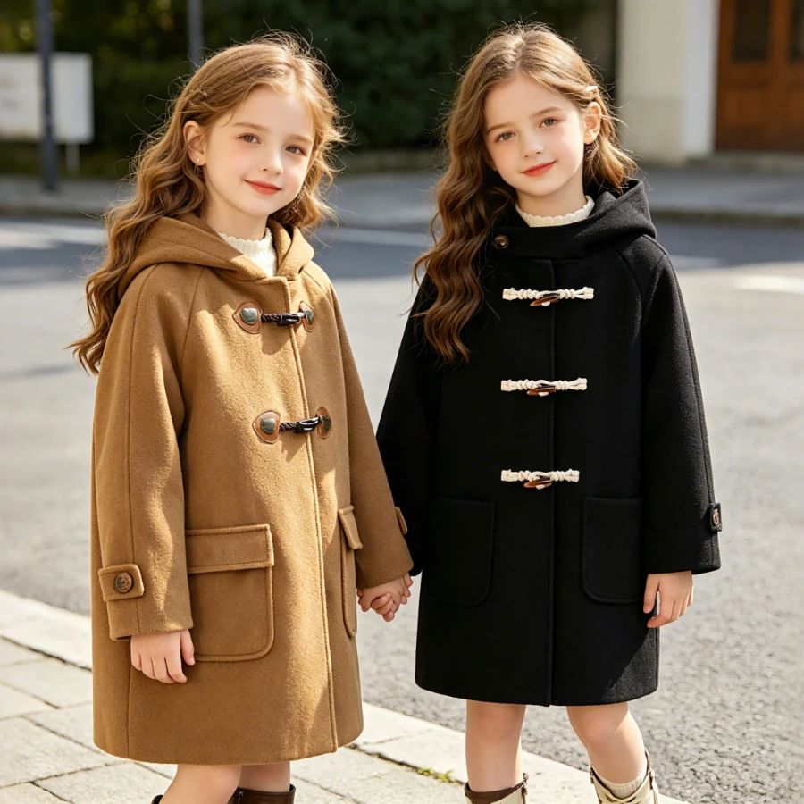 

Winter Wool Blend Kids Duffle Coat Hooded Mid Length Horn Toggle Windproof Warm Casual School Outerwear for Girls Children 2-14Y