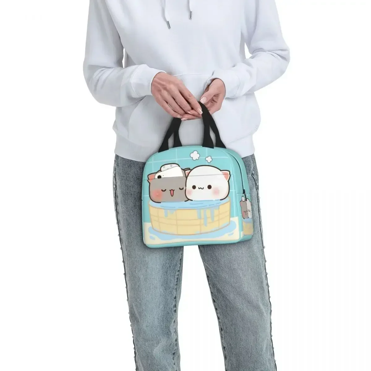 Kawaii Peach And Goma Cartoon Insulated Lunch Bag Thermal Bag Mocha Mochi Peach Cat Leakproof Lunch Box Tote Food Storage Bags