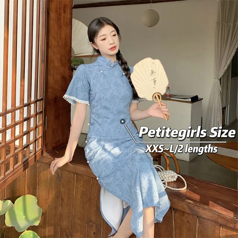 150cm Petite girls Ethnic Style Chinese Style Improved Cheongsam Dress Women Summer High Waist a-Line Mid Length xs Appear High