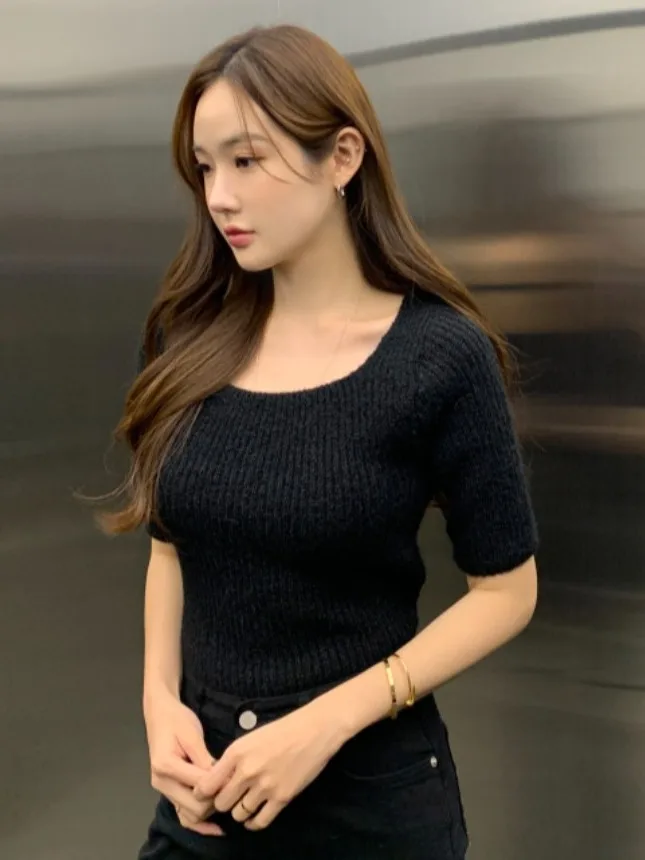 Chic Autumnal Vintage Versatile Square Collar Bal Knot Design Soft Slimming ort Sve Knitted Sweater for Women