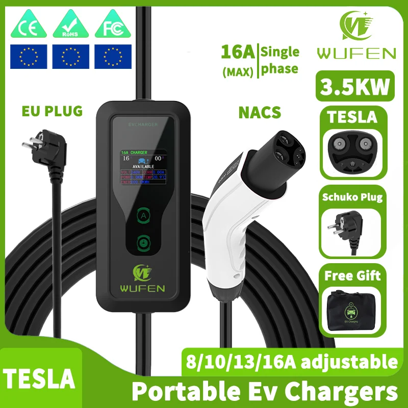 WUFEN 2025 Tesla Model 3 y s x Автомобильное зарядное устройство NACS 3,5 кВт Портативное домашнее зарядное устройство TPC/Tesla 16A 1 фаза 220 В EV Appointme Charging Pile