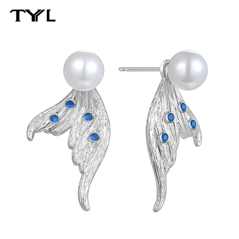 TYYL New Punk Shell Pearl Stud Earrings For Woman Girl Butterfly Wing Earring Blue Zircon Aesthetic Jewelry Christmas Party Gift