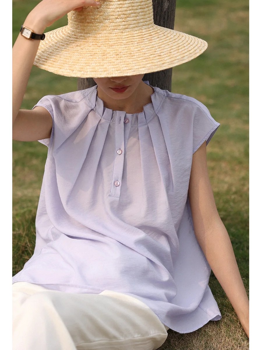 

Summer 2024 Svel Ne Pred Pleat Thin irt Versatile All-Match Design Women's Faion Casual ort Sve Collarl