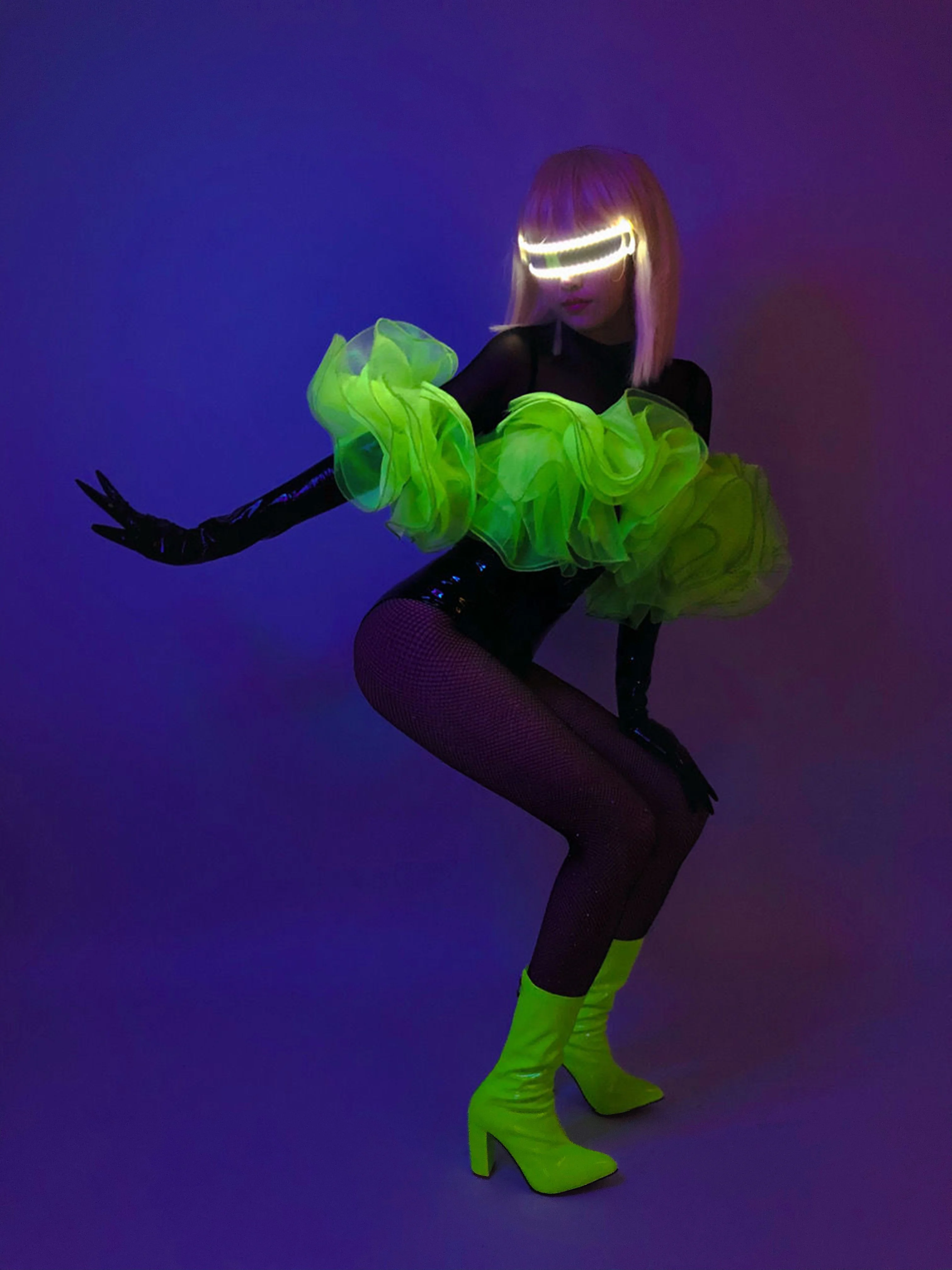 New Nightclub Gogo Dancing Costume Women Pu Leather Bodysuit Rave Outfit Fluorescent Green Lace Up Sexy Pole Dance Clothes