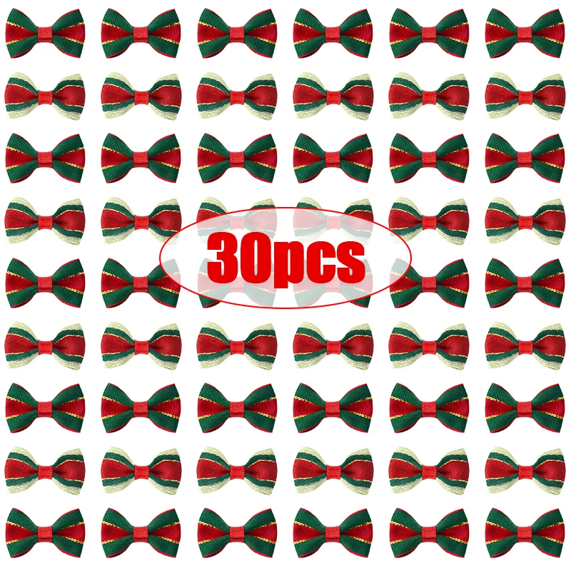 30Pcs Mini Christmas Bows Xmas Tree Decoration Ornaments Girls Hair Accessories 2025 New Year Gift Wrapping DIY Wreath Crafts