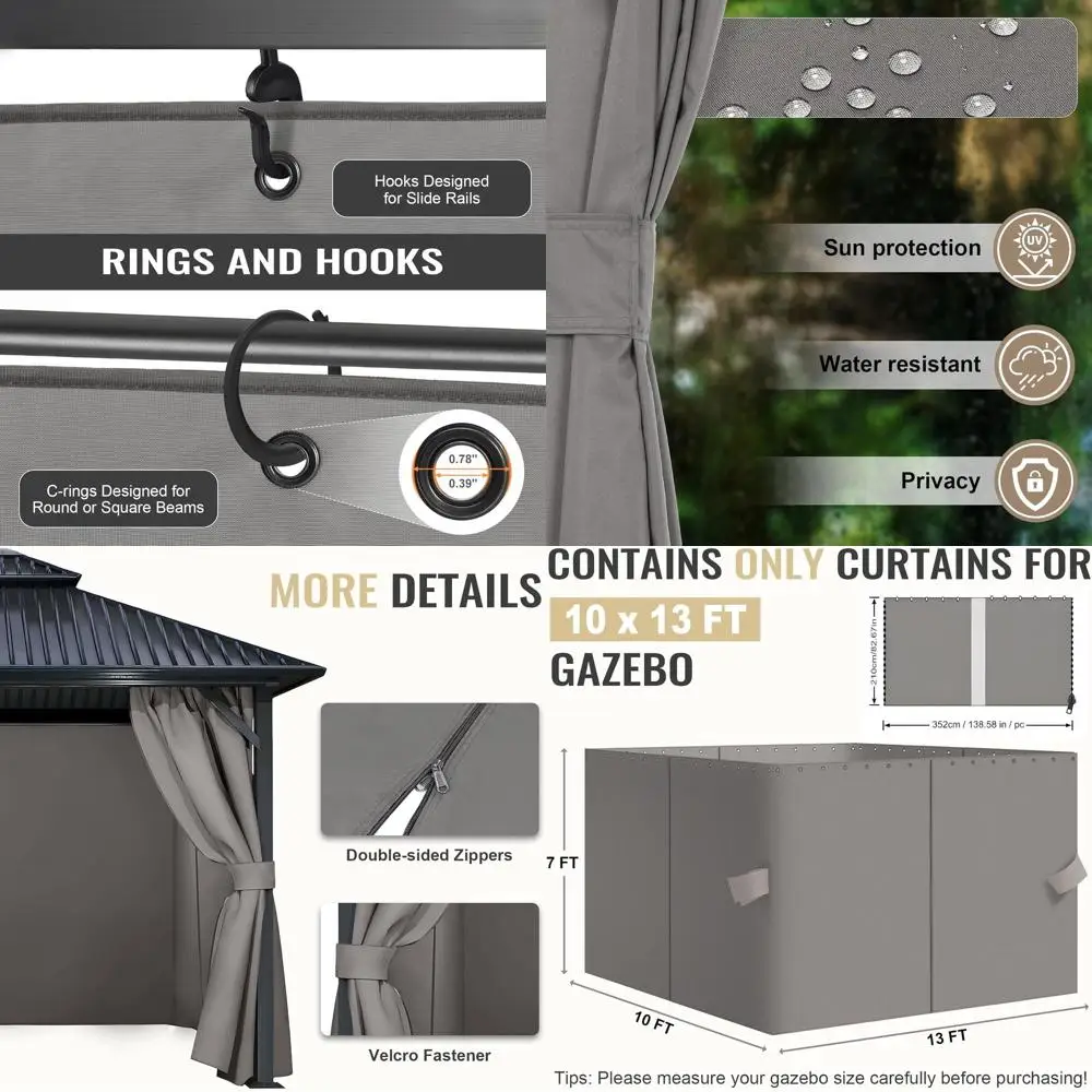 

Занавески для беседки 10' x 13' с двойной молнией, боковые стенки для уединения на террасе, сменные уличные занавески для беседки