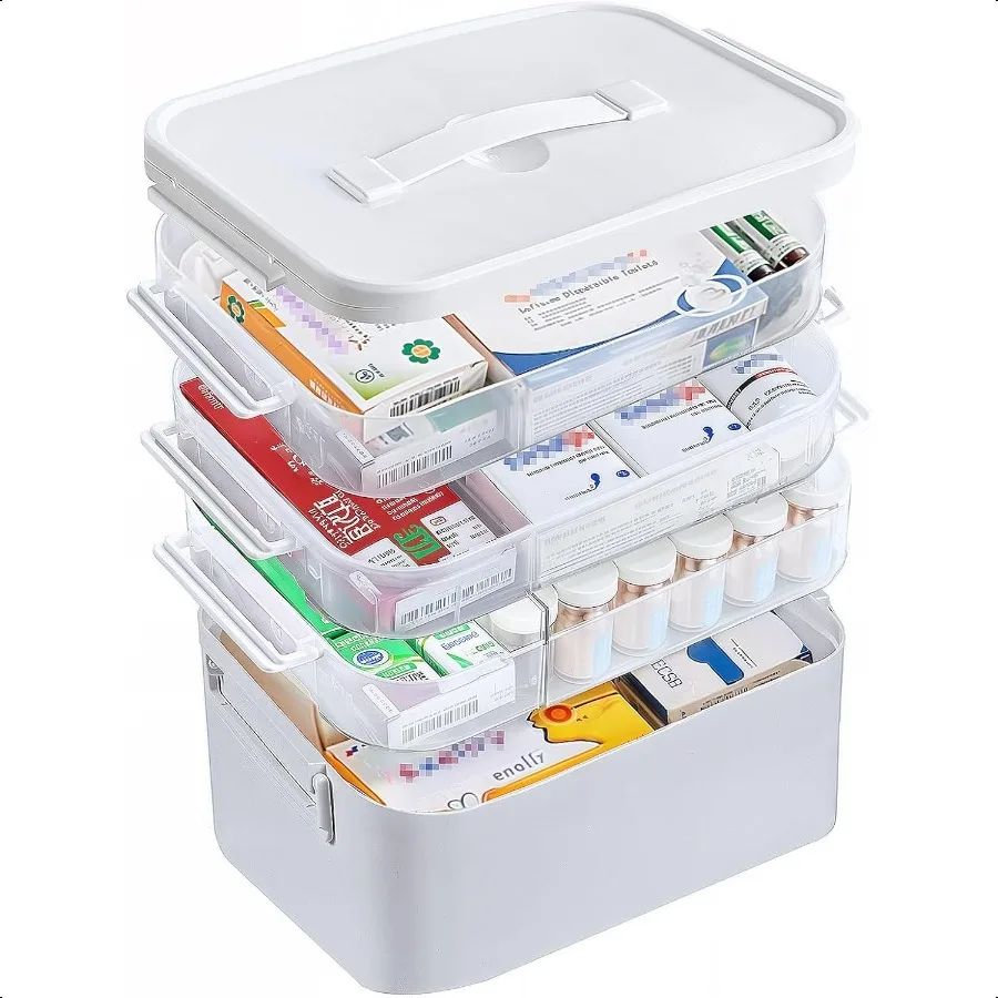 Organizzatore di armadietto dei medicinali portatile a 4 livelli Scatola di immagazzinaggio di medicinali di grandi dimensioni con manico Scatola di pronto soccorso in plastica Vuoto multiuso