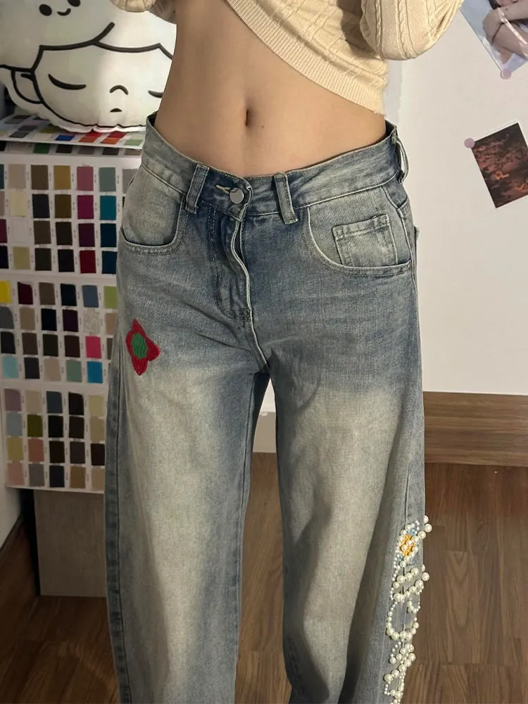 American Three-dimensional Pearl Floral Embroidered Jeans Loose Street Fashion Design Sense Female Hot Girl Fashion Trousers