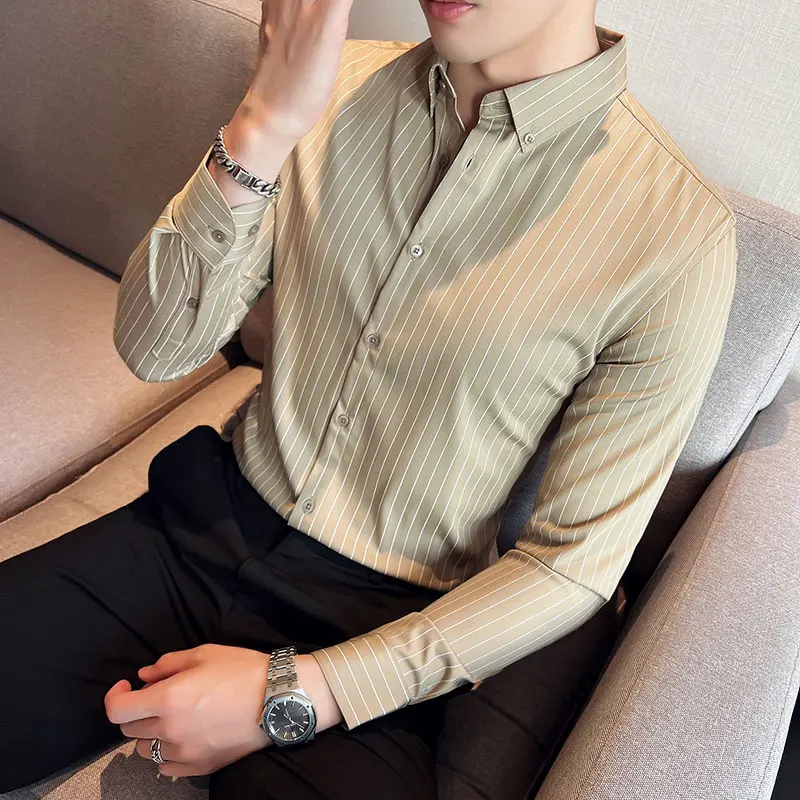 Plus Size S-3XL Korean Long Sleeve Striped Shirts Men Clothing Simple Slim Fit Business Casual Office Blouse Homme Hot Sale