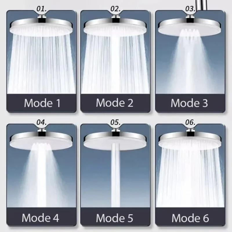 New 6 Modes High Pressure Top Spray Rain Shower Head Larger Flow Supercharge Rainfall Showerhead 360° Swivel Water Saving