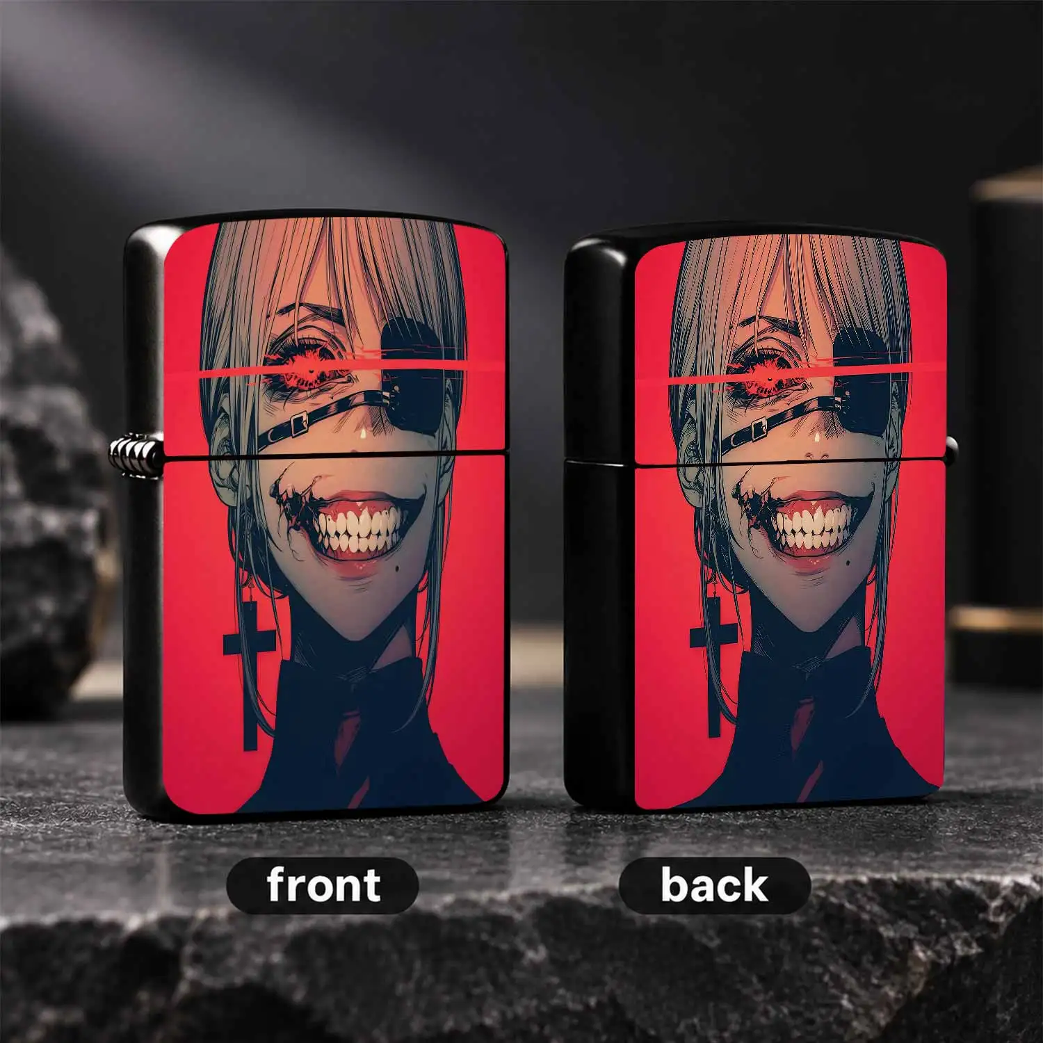 Anime Style Lighter, Cool Dark Red Background Eyepatch Grin Design Portable Igniter, Delicate Cross Earring Detail Creative Ignition Tool, Ideal For Daily Casual Use, Outdoor Camping Gathering, Gifting To Anime Fans And A Humorous And Inter