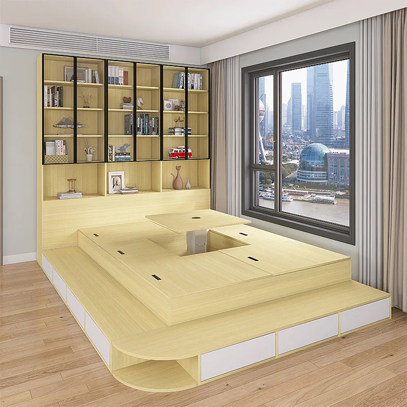 Tatami Bed with Lifting Table Bookcase Integrated Combination Living Room Storage Floor Pedal Balcony Platform Bed