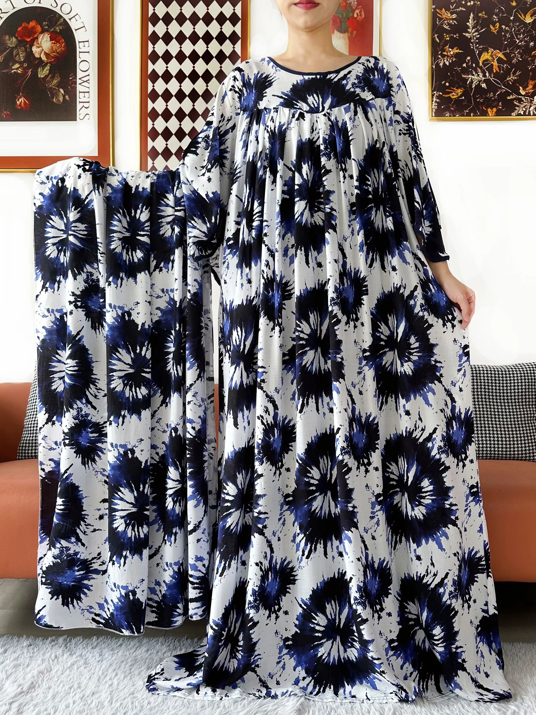 New Loose Floral Dress Short Sleeve Cotton Women Abaya with Big Scarf Boho Maxi Dress Fashion Dress African Vestidos ED325 4