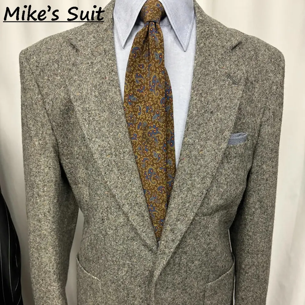 Men One Button Notch Lapel Blazer, Light Coffee Multi Fleck Speckled Wool Tweed Fabric, Country Hunting Wedding Daily Jacket