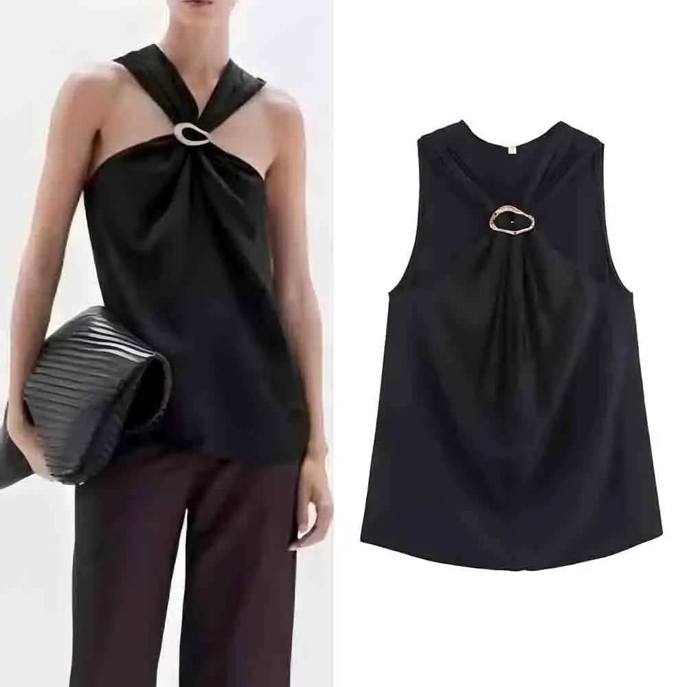 

Women's new fashion brooch design casual hanging neck pleated shirt top retro sleeveless women's shirt chic top
