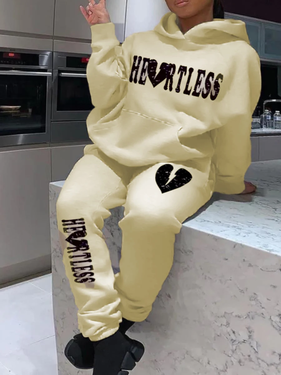 LW Cartoon Letter Heart Print Kangaroo Pocket Tracksuit Set Long Sleeve Hoodie+Sporty Sweatpants Women 2 Pieces Matching Suits