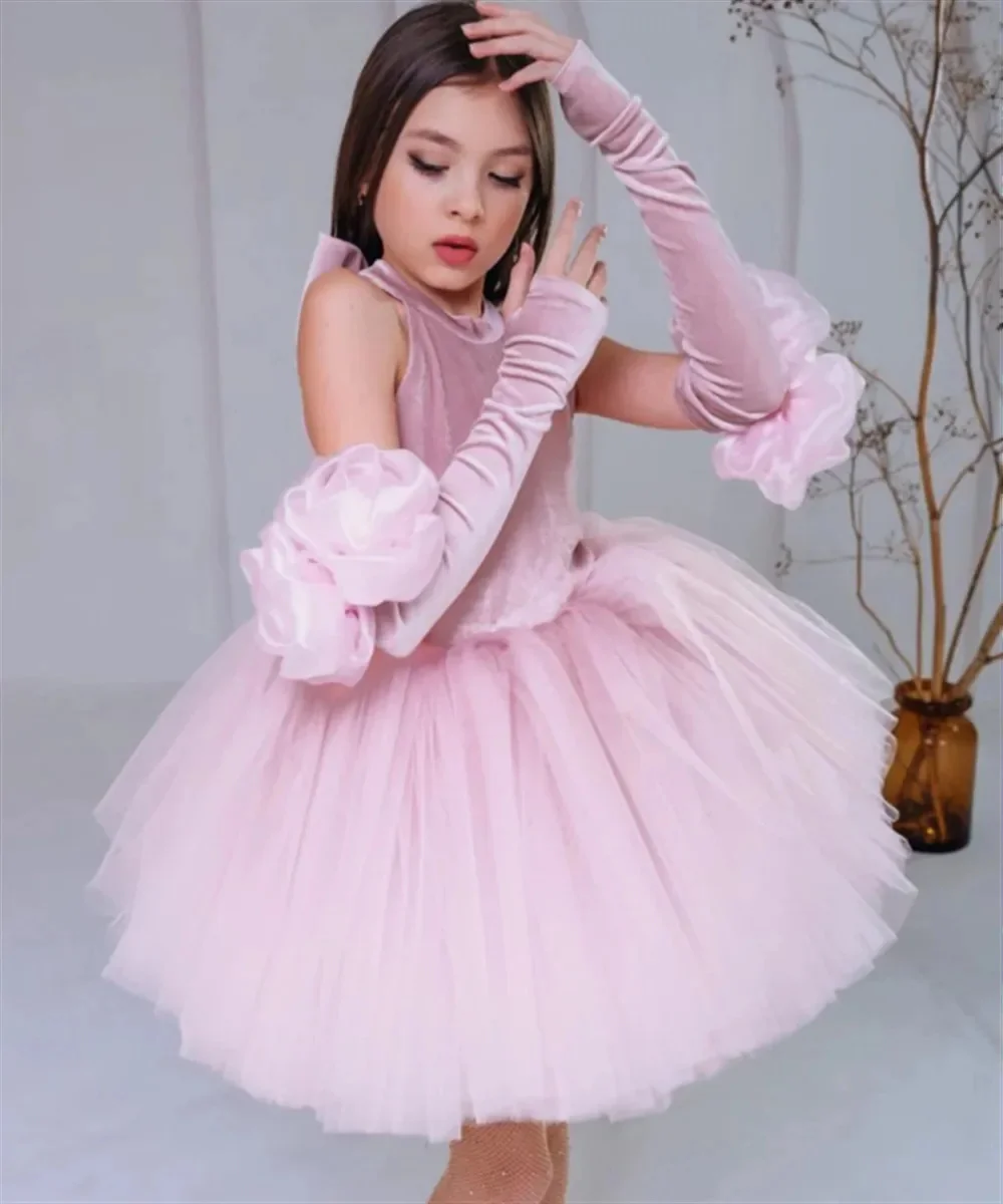 Customized Flower Girl Dress Velvet Sleeveless With Bow Tulle Puffy Princess Skirts Pageant Dress  First Communion Gown