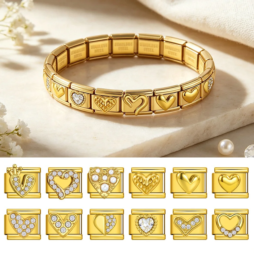 9mm Gold Color 3D Shapes of Heart Stainless Steel Jewelry Charms DIY Italian Link Hand Chain Daily Wear Making Fashion Beads