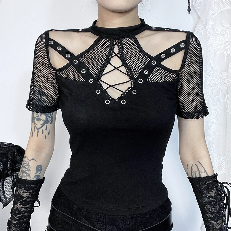 Gothic cross sheer Mall Gothic Women T-shirts grunge Aesthetic Punk Sexy Emo Black Top StreetwearFashion Alternative clothing