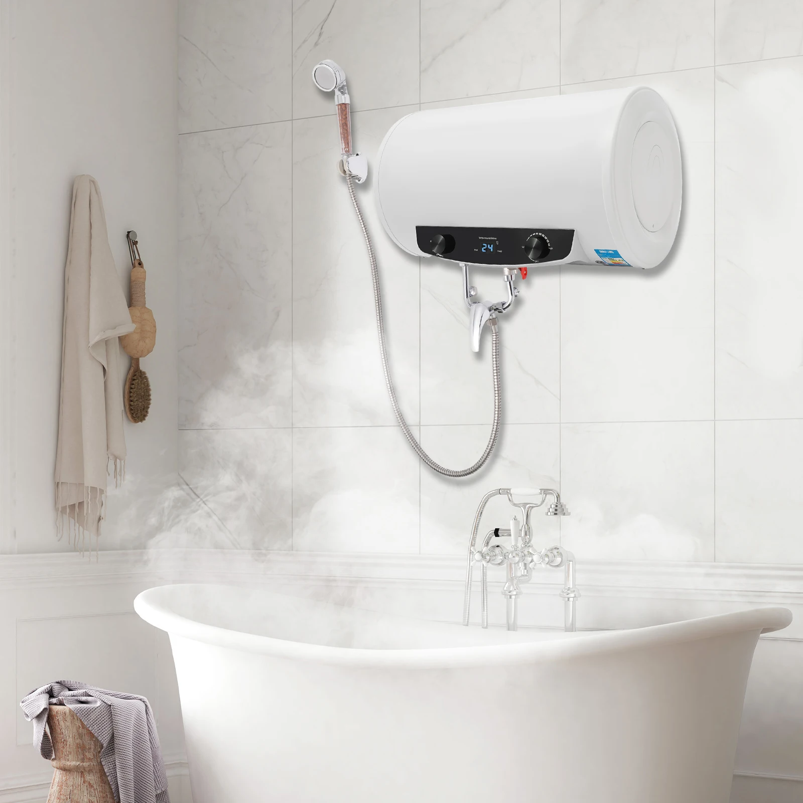 سخان مياه بخزان كهربائي، 1500 وات 110 فولت، مجموعة سخانات مياه بيضاء ذات سعة كبيرة مثبتة على الحائط، مع دش يدوي وصنبور، G1/2 #6