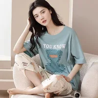Summer New Ladies Pajamas Homewear Set of Short-Sleeved Pajamas Women's Summer Simple Korean Cartoon Loose Large Size Homewear - Image 2