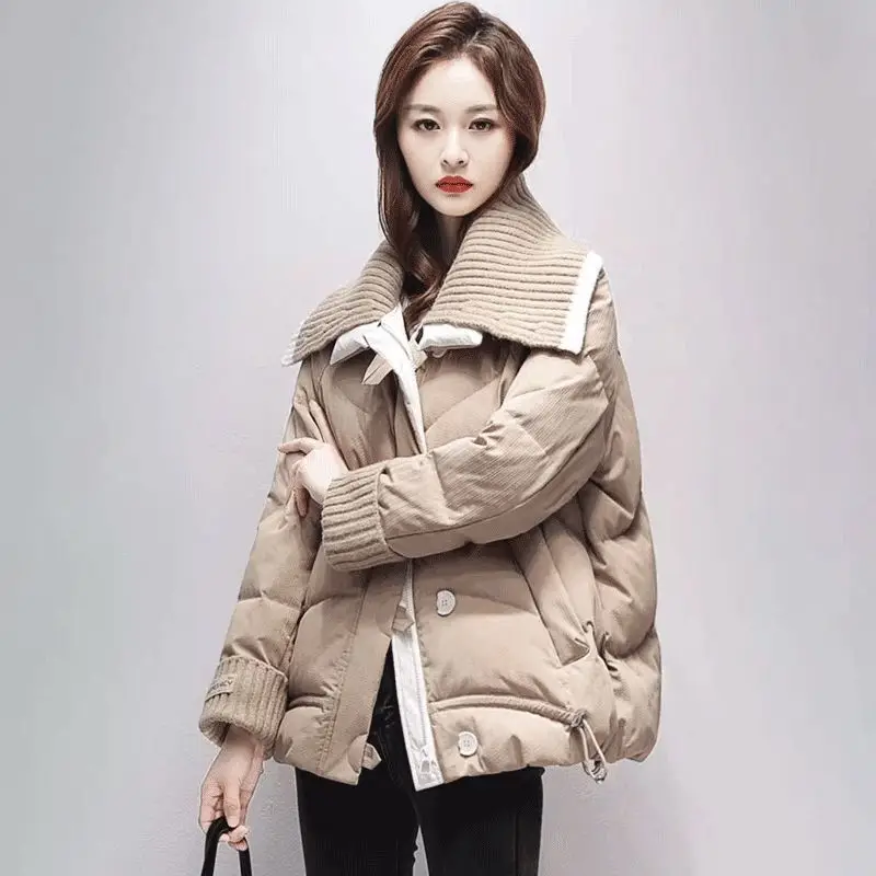 Korean Down padded jacket women 2025 new winter Parkas loose Knit collar splicing short thick Warm cotton coat Female tide T611