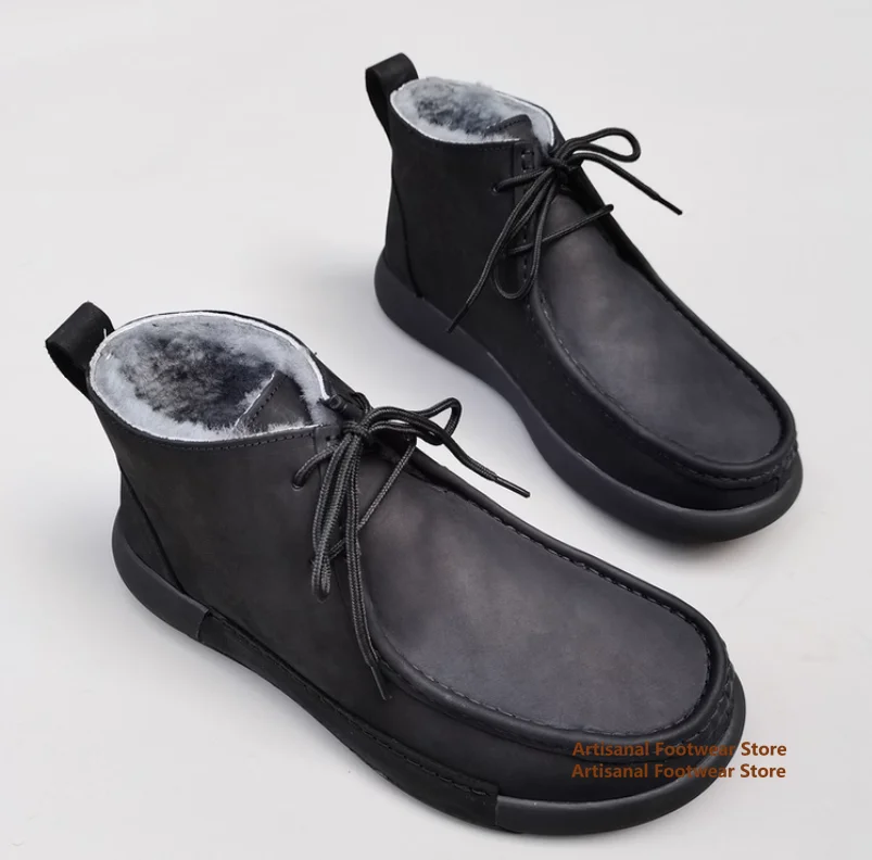 

High-Top Men's Boots Black Leather Lace-Up Sheepskin Integrated Anti-Slip Snow Boots Handmade Genuine Leather Warm Men Boots