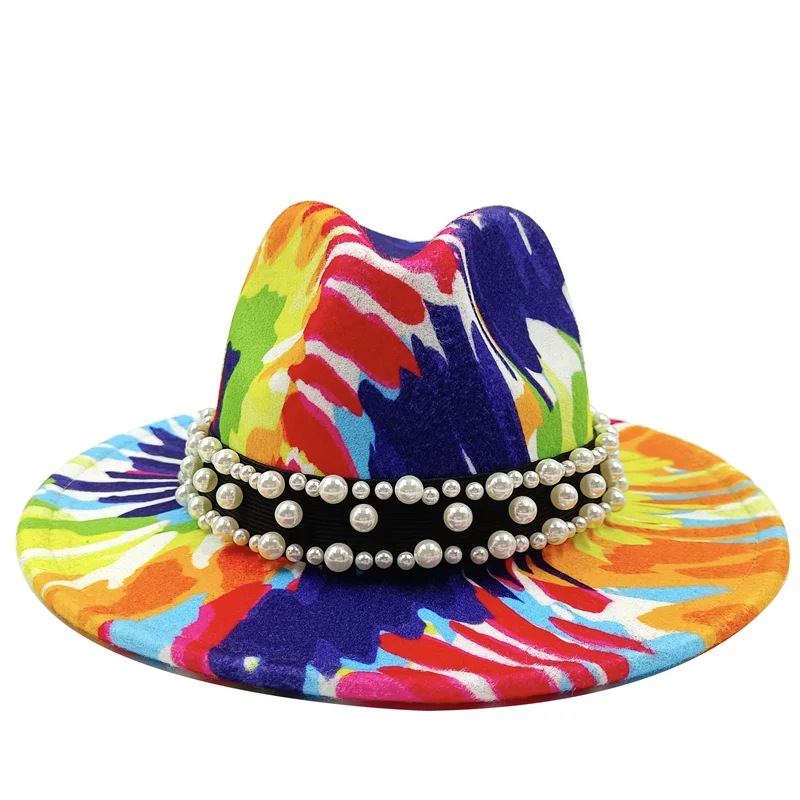 bulk price fedora hat for women Tie dyed hat   3d painted felt hat party hat model photo wide brim panama cap unisex cap