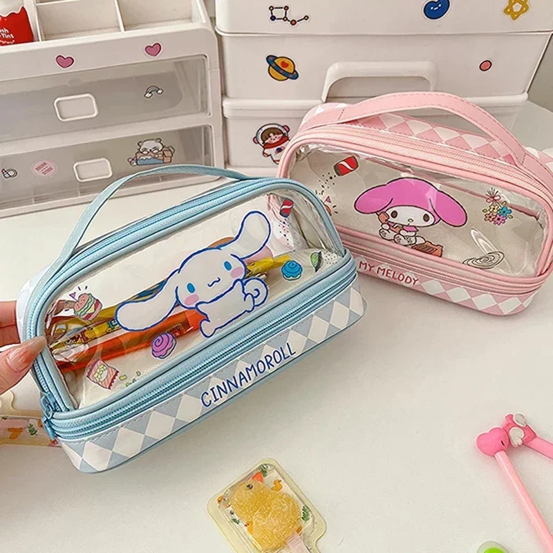 Cartoon Sanrio Hello Kitty Transparent Pencil Case Kuromi Cute Large Capacity Double-Layer Portable Stationery Pen Bag Gifts