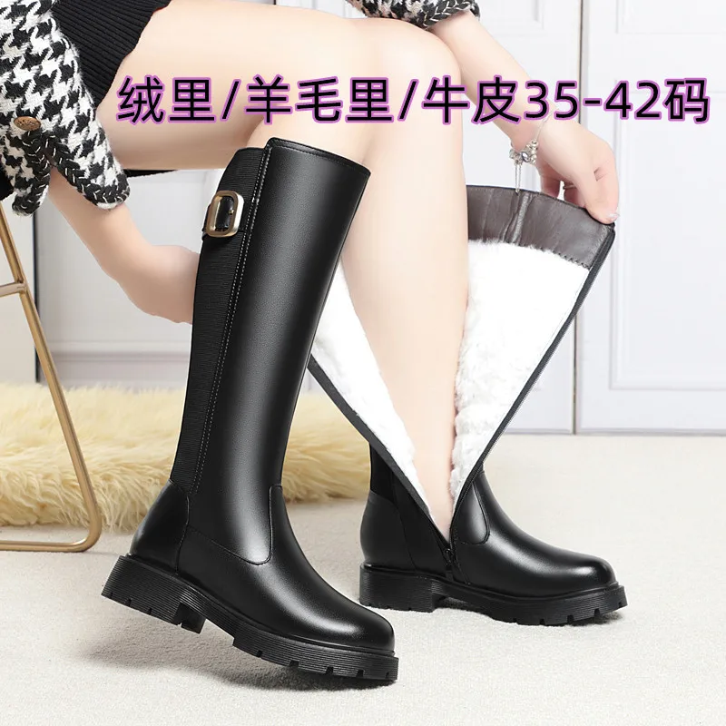 Winter New Warm Cotton Boots Genuine Leather 3.5CM Female Shoe Coarse Following Round Toe Zipper Comfortable Elegant Long Boots
