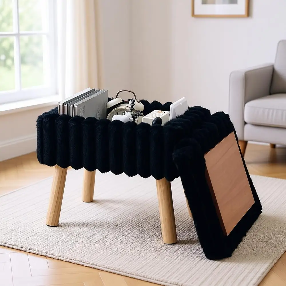 

Padded Storage Ottoman, Upholstered Footstool, Compact Reading Chair, Wood Tray Ottoman, Compact Coffee Table with Storage