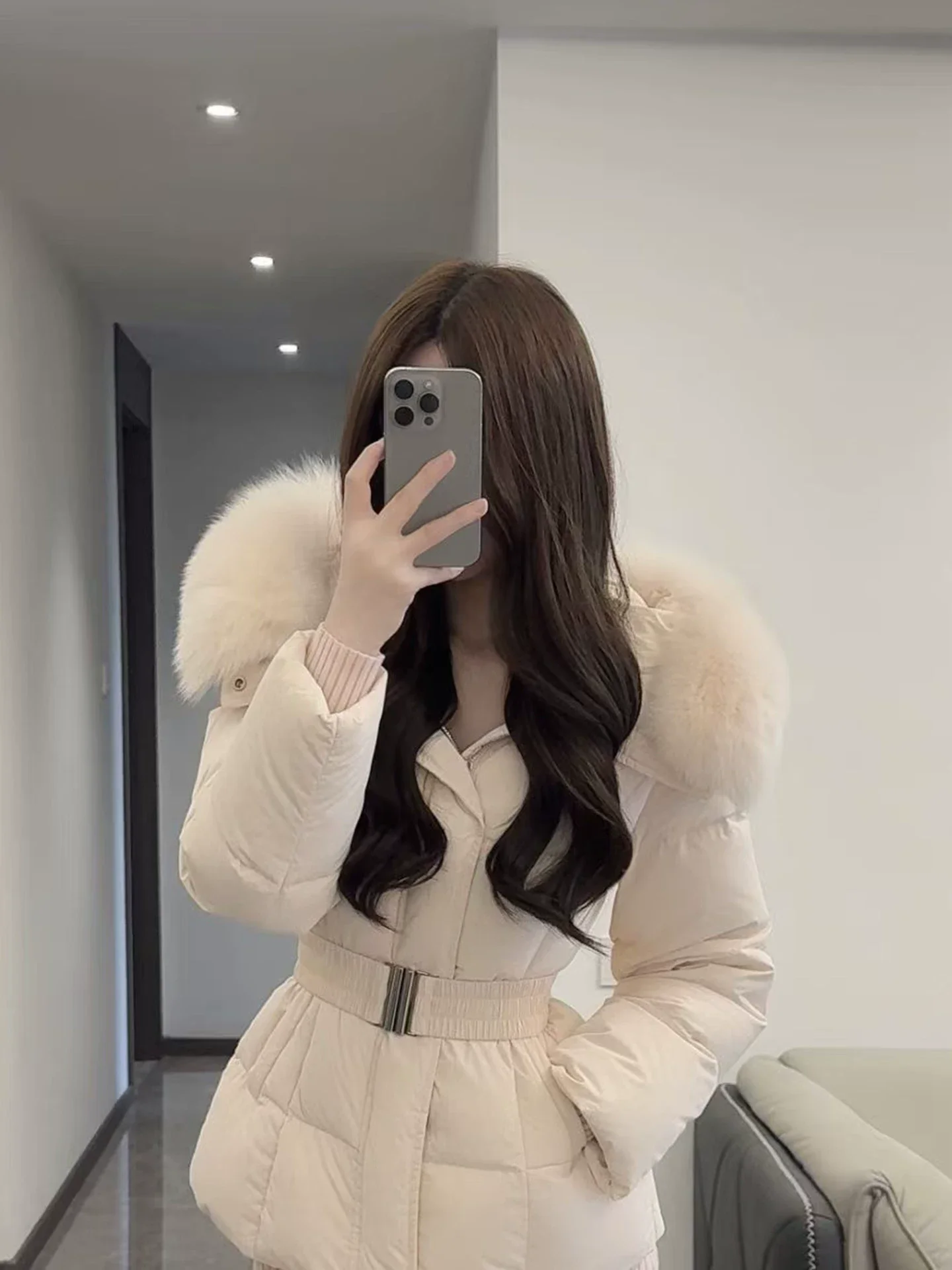 Korean Style Warm Large Fur Collar Hooded down Cotton Jacket Women's Autumn Winter Drawstring Waist Cinched Short Coat