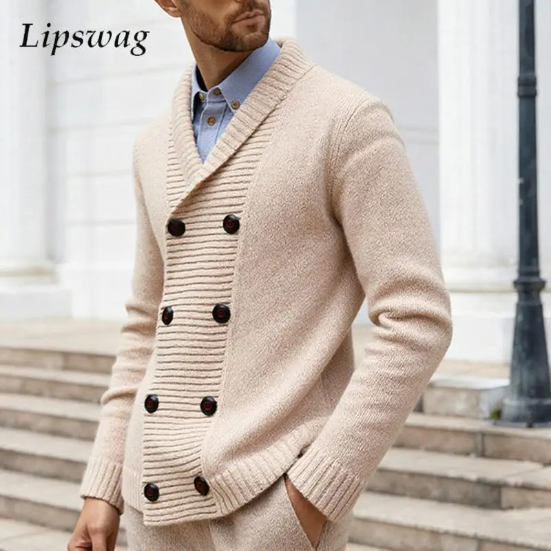 

2025 Autumn Winter Business Casual Mens Cardigan Vintage Slim Double-breasted Sweatercoats Men Stylish Solid Color Knit Jackets