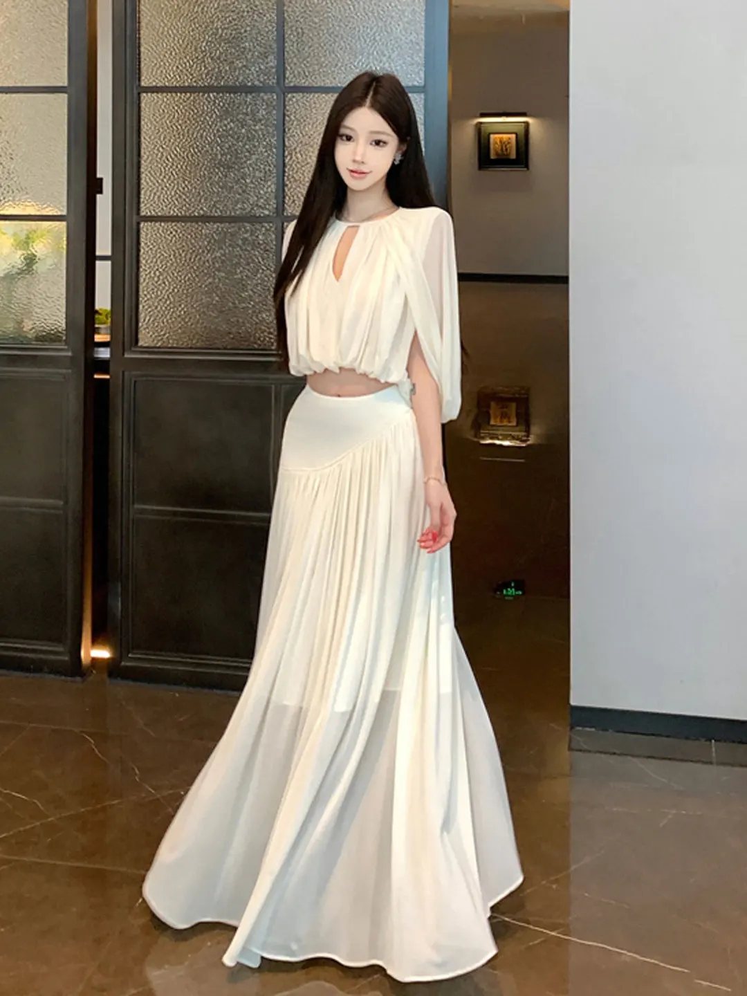

Gentle Wind Beautiful Top And Skirt Set Elegant Spring Fashion Women's Comfortable Mid-Sleeve round Neck T-Shirt And Long Skirt