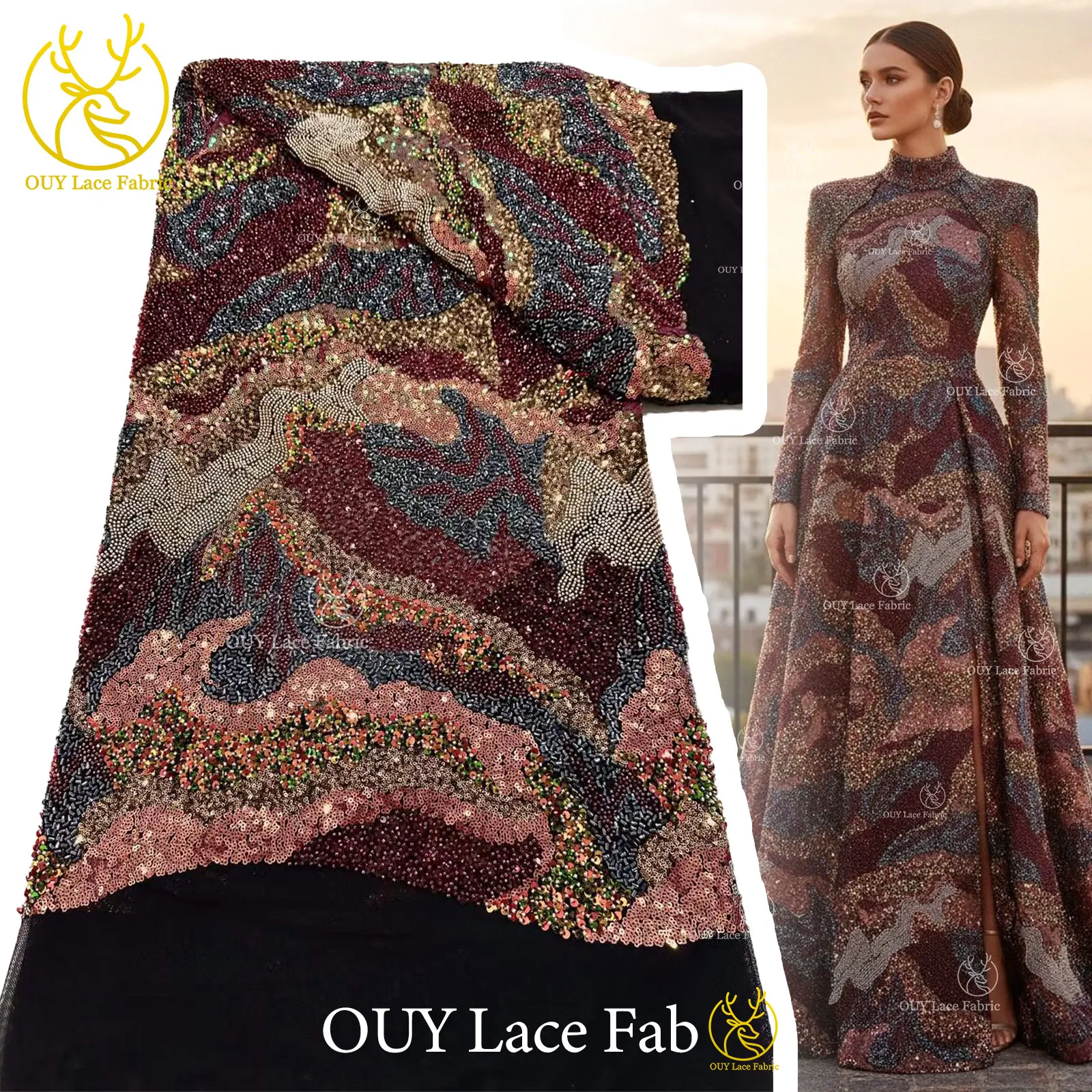 

Luxury French Beaded Sequin Lace Fabric 2026 High Quality African Lace Fabric Nigerian Tulle Lace For Wedding Party Dress Sewing