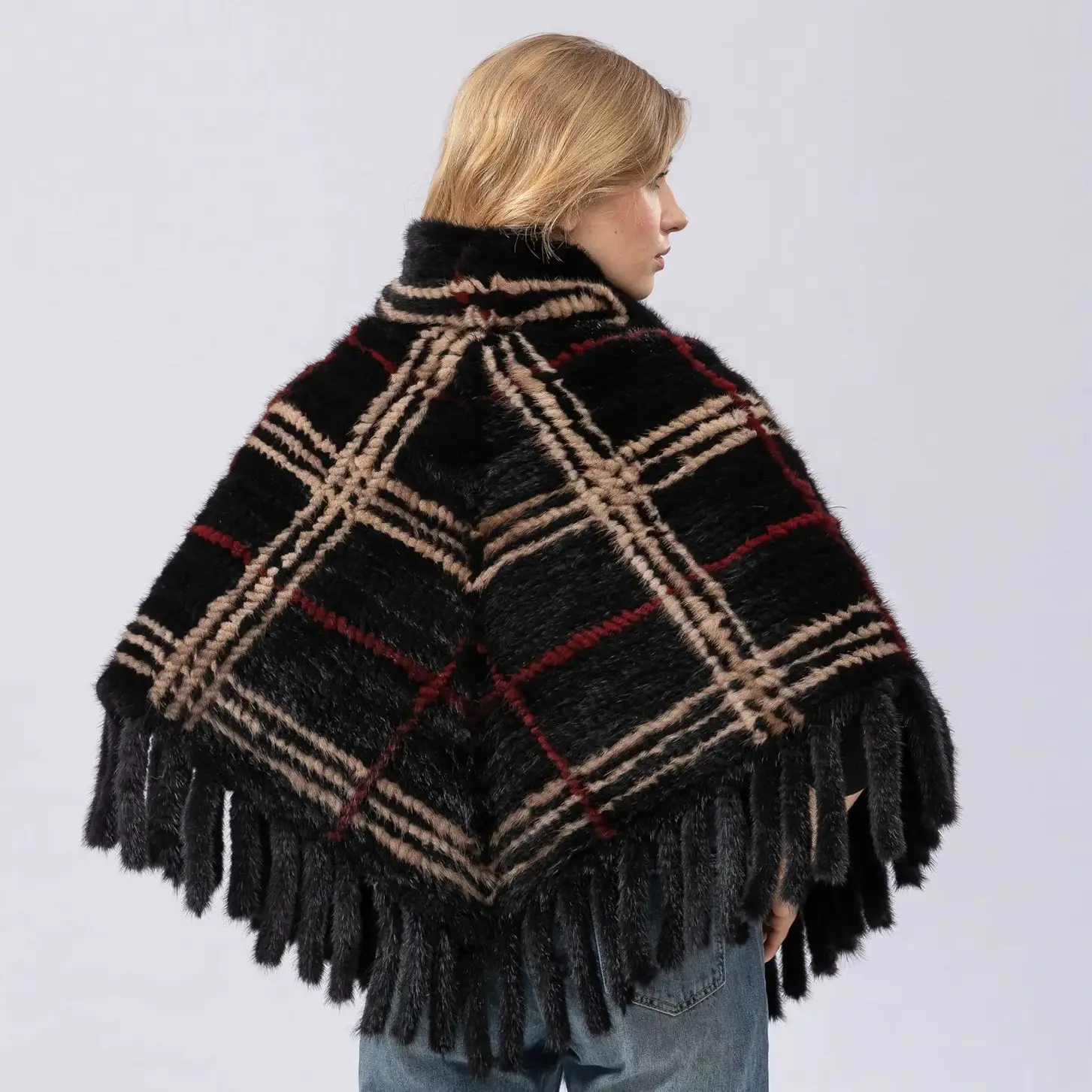 Natural Mink Fur Knitting Poncho Sweater with Tassels, Pullover plaids, Luxurious  B230411