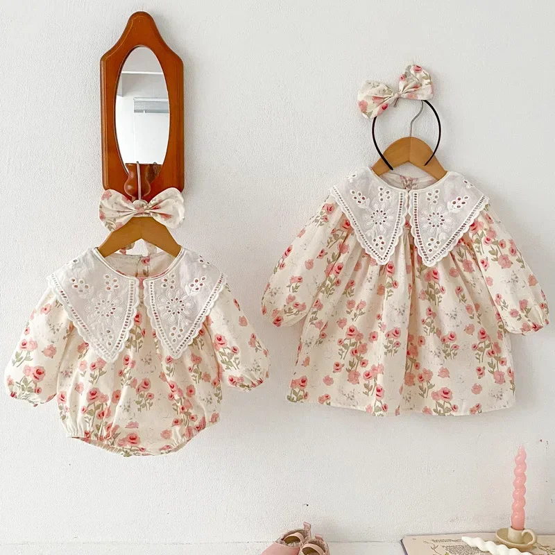 2024 Baby Girls Dress/Romper+bow Headwear Sister Newborn Wear Sweet Embroidery Birthday Spring Autumn Dresses Body Clothes