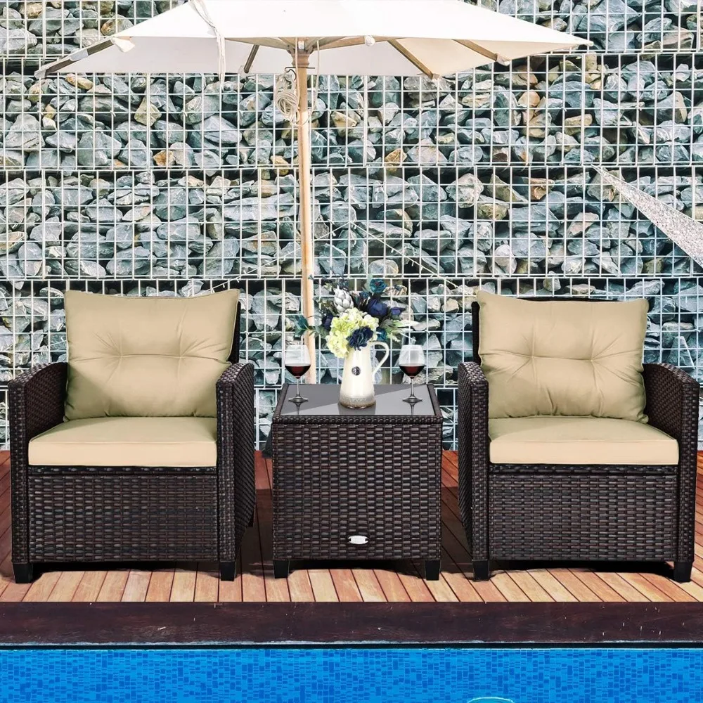 

3-piece terrace furniture set, outdoor conversation set with washable mat and tempered glass tabletop
