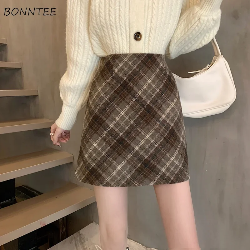 Skirts Women Woolen Tender Fashion High Waist Retro Plaid Elegant A-line Casual Ladies Minimalist All-match Autumn Korean Style