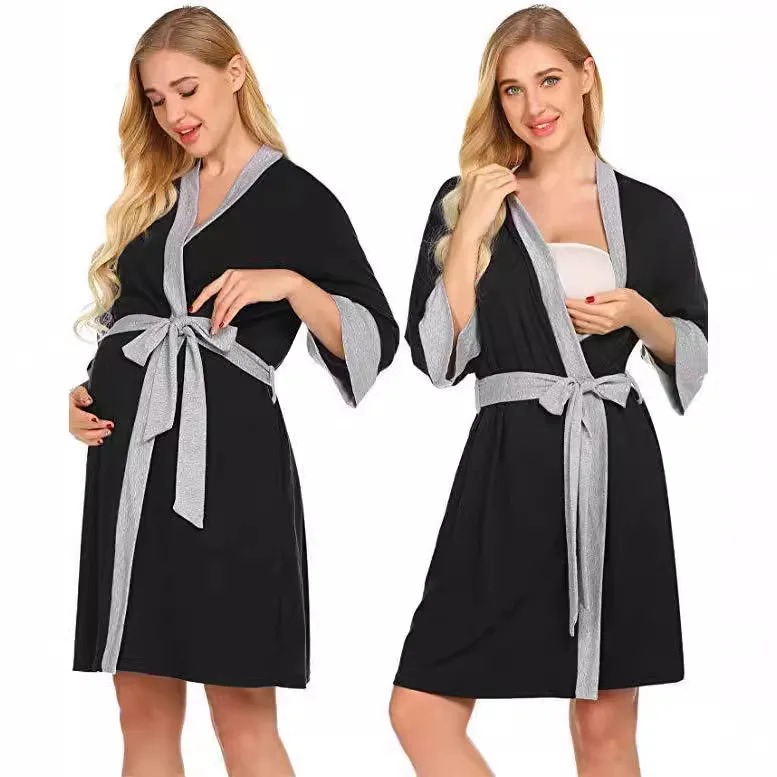 Maternity Nursing Nightgown Pure Cotton Postpartum Sleepwear Thin Breastfeeding Pajamas for Summer Spring