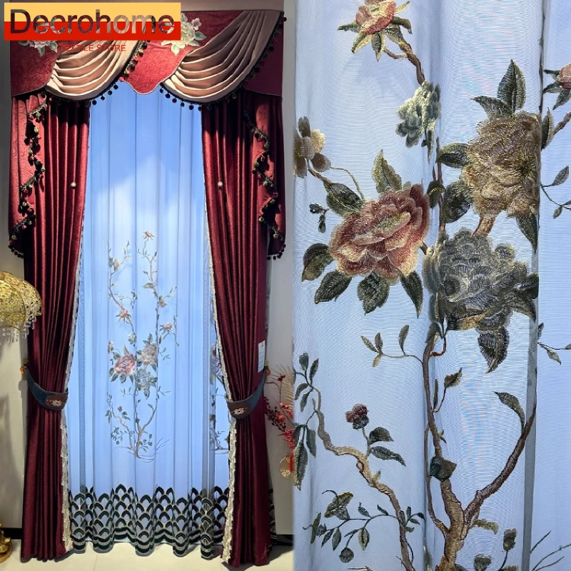 Embroidered Window Screen Wine Red Embossed Printing Thickened Velvet Curtains for Living Room Bedroom French Window Balcony