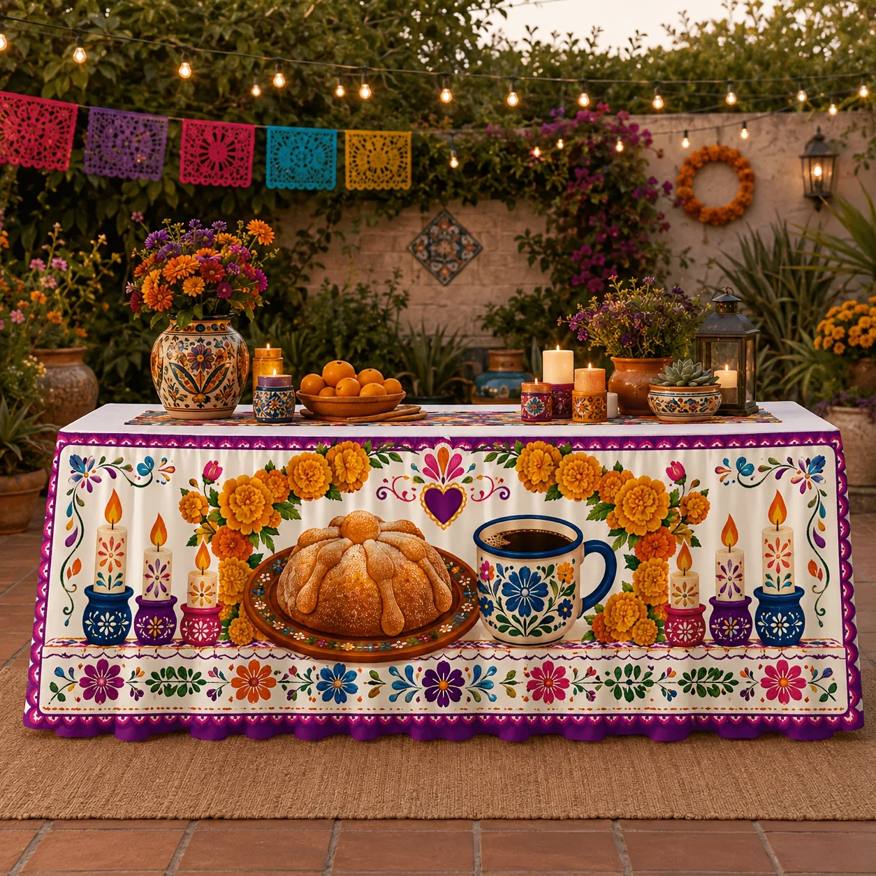 One table skirt, a deceased festival sunflower wax candle, floral coffee cup, Mexican festival tablecloth decoration