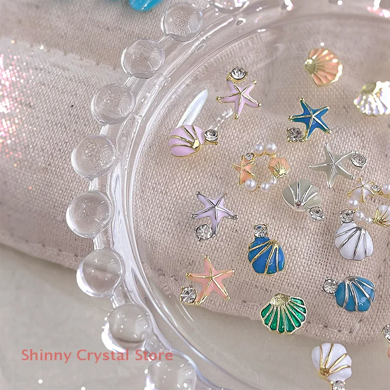 5Pcs Sea Shell Charms Starfish Nail Decors Rhinestones Rivets Stone Pearls Clam Mussel Metal Summer Nails Parts Design Accessory