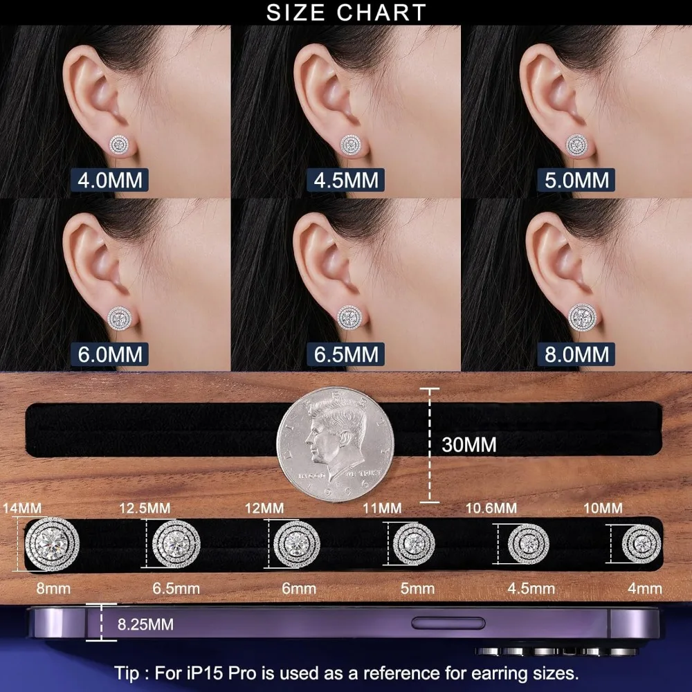 أقراط مويسانيتي مزدوجة على شكل هالة مع ظهر لولبي، فضة استرلينية مطلية بالذهب عيار 18 قيراط، أقراط مويسانيتي كبيرة للنساء #3