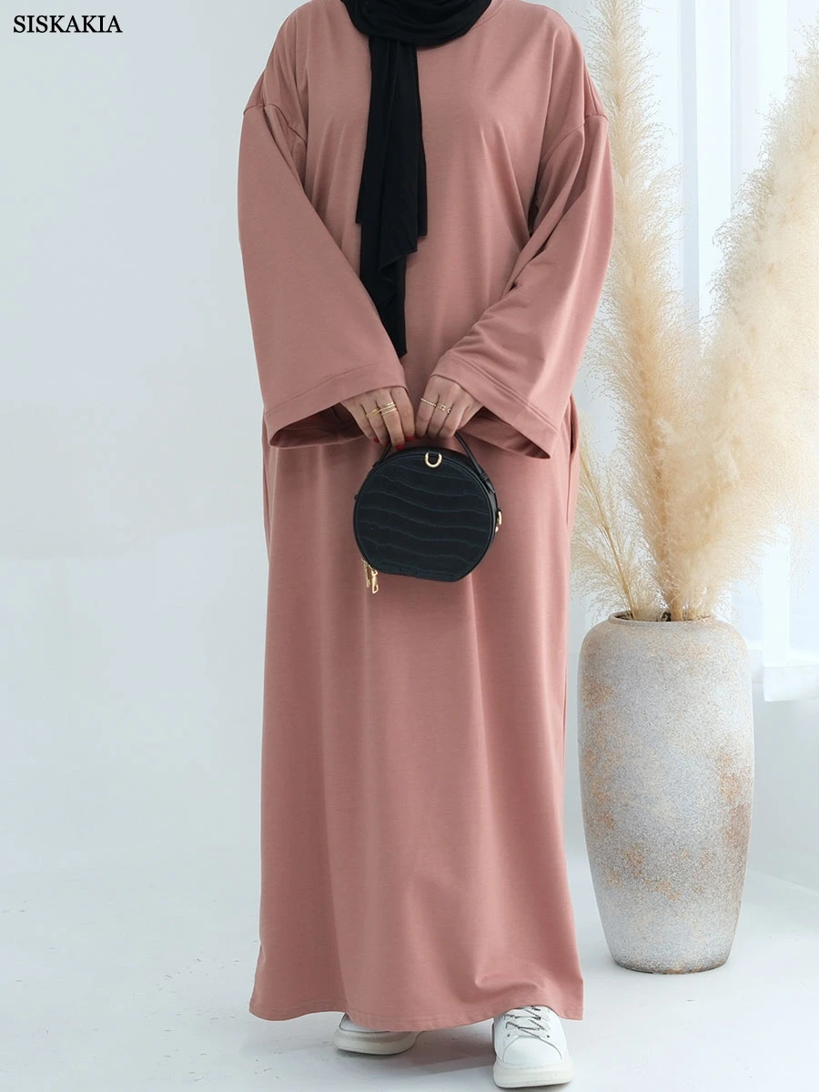 Fashion Muslim Abayas Solid O-Neck A-Line Long Dresses Urban Casual Women Robe Jalabiyat Moroccan Saudi Clothing With Pockets